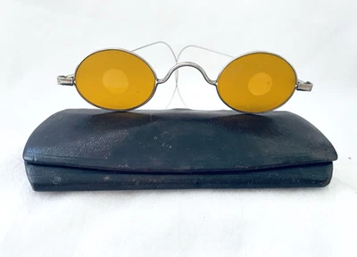 Óculos de olho antigo Guerra Civil âmbar afiado lente atirador aro fio com estojo - Imagem 1 de 4