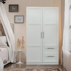 White 2-Door, 2-Drawer Wardrobe Cabinet - Picture 1 of 13
