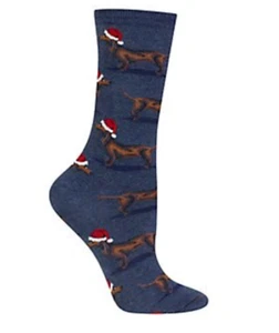Hot Sox Santa Dachshund Christmas Crew Socks NWT Denim Heather Print - Picture 1 of 5