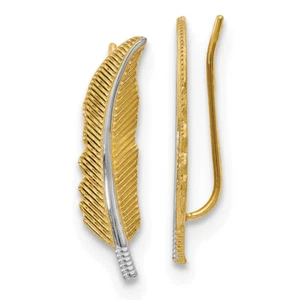 Leslie's 14k Yellow Gold w/Rhodium Polished Feather Ear Climber Earrings LE1503 - Picture 1 of 3