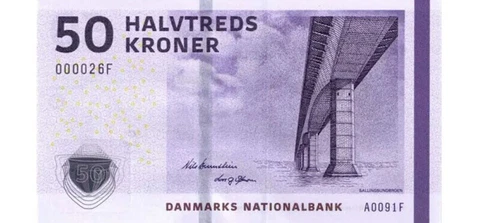 Denmark 50 Kroner Banknote Circulated. Fifty Danish Krone Danmarks Nationalbank Cover