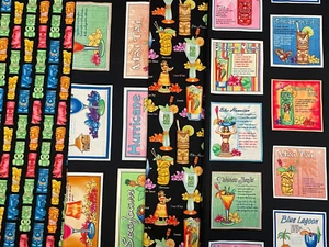 5 + yards HAWAIIAN Fabric TIKI TOTEMS MICHAEL MILLER Dan Morris Cocktail Recipe - Picture 1 of 15