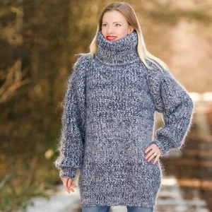 Black white sweater mohair ribbed turtleneck thick hand knit jumper SUPERTANYA - Picture 1 of 7