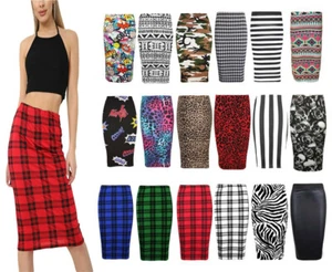 LADIES WOMEN MIDI BODYCON PENCIL OFFICE PLAIN PRINTED HIGH WAIST TUBE SKIRT 8-26 - Picture 1 of 22