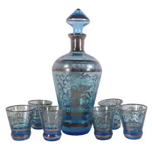 Karaffe 6 Schüsse Markusdom Campanile Silberüberfang blaues Glas antik - Bild 1 von 9