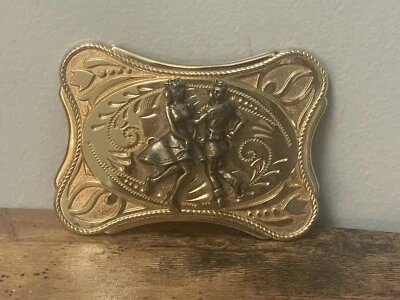 Vintage Belt Buckle Couple Square Dancing Decorative Gold Color Rodeo Western 3D - Image 1 of 4