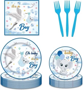 Stork Blue Baby Shower Disposable Tableware Set (Plates, Napkins, Forks) - Picture 1 of 4
