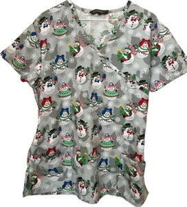 Cassandra O Scrub Top Snowmen Design Size Large Tie In Back - Picture 1 of 6