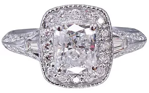14K WHITE GOLD CUSHION CUT DIAMOND ENGAGEMENT RING DECO 1.70CTW G-SI1 EGL USA - Picture 1 of 11