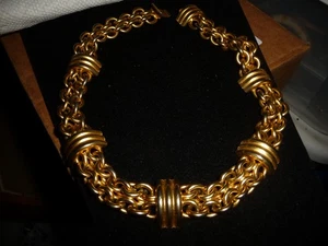 HEAVY GOLD TONE 2 ROWS LINK CHAIN W BARS COLLAR STATEMENTL NECKLACE #17/14 - Picture 1 of 9