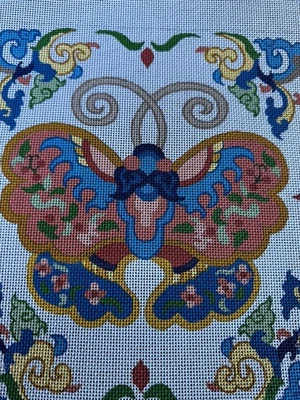 Cloisonne Butterfly Handpainted Canvas 11" Square Pillow Needlepoint Julie Mar - Image 1 of 4