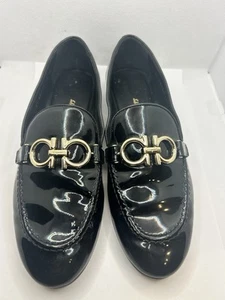 Salvatore Ferragamo Trifoglio Black Patent Leather Loafers Gold Buckle 6 C - Picture 1 of 8