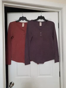 2 Faded Glory Large 12-14 Purple Maroon V-neck Longsleeve Ribbed Thermal Shirt - Picture 1 of 8