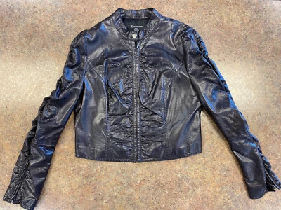 INC Women Dark Brown Casual Faux Leather Zip Up Ruched Biker Jacket Size L - Image 1 of 4