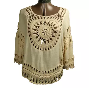 Crochet Knit Crinkle Shirt Festival Boho CottageCore Festival Cream One Size - Picture 1 of 19