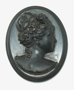Spilla cammeo bachelite nera vintage spilla intagliata stile vittoriano lutto gioielli - Foto 1 di 9