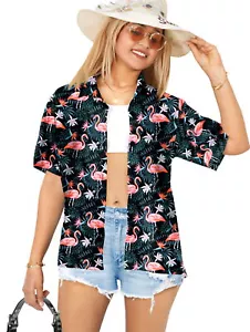 HAPPY BAY Women's Button Down Blouses Casual Summer Shirts S Flamingos, Black - Picture 1 of 3