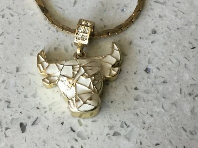 White Enamel & Gold tone Bull 1.5” Pendant on 15” Chain Necklace - Image 1 of 3