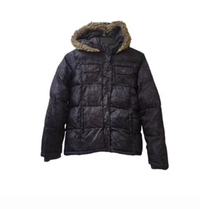 Old Navy Girls XL Puffer Jacket Coat Grey/Black Flowers Hearts *Fur has wear* - Picture 1 of 7