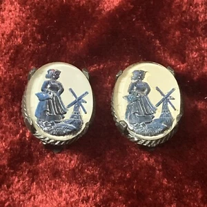 Vintage Dutch Windmill Holland Clip Earrings Blue Clear Oval 0.75" by 1" - Picture 1 of 5