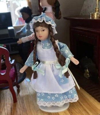 1:12 Scale Dollhouse Miniature Victorian Adolescent Girl Doll Blue Dress Bonnet - Image 1 of 4