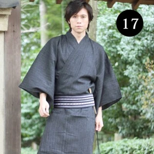 Japanese Men's Kimono Yukata and Obi Belt Set Size L Black Blue wn - Picture 1 of 7