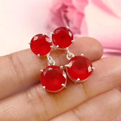 Brincos redondos de granada vermelha de quartzo com pedra preciosa folheados a prata joias delicadas - Imagem 1 de 3