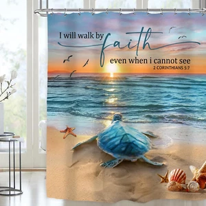 Beach Turtle Shower Curtain 60Wx72H Inch Bible Verse Curtain Ocean Sea Curtains - Picture 1 of 12