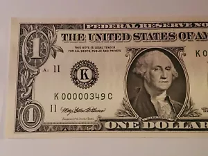 1999 $ 1.00 Very Low Number Federal Reserve Note. K 00000349 C ( RARE )🔥🔥🔥 - Picture 1 of 8