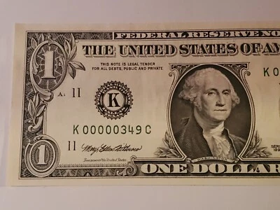 1999 $ 1.00 Very Low Number Federal Reserve Note.  K 00000349 C  💥RARE💥 - Image 1 of 4
