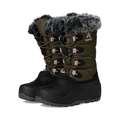 Kamik Kids 5 深橄榄雪天使冬季靴人造毛皮装饰防水 BR12-3 — 第 1/4 张图片