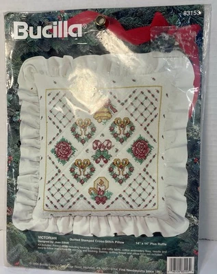 1994 Bucilla Christmas Cross-Stitch Kit Quilted Stamped Pillow 14" X 14” 83153 - Image 1 of 4