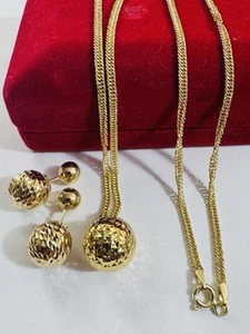 Pure 18K 750 Real Yellow Gold Balls Earring & Necklace 17.6”/18” Long 7.4g 2.2mm - Picture 1 of 23