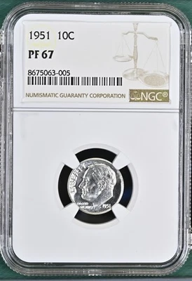 Moneda de diez centavos Roosevelt 1951 prueba NGC PF-67-005 Foto 1 de 2
