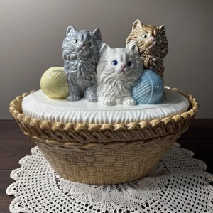 Vintage Kittens In Basket Ceramic Cookie Jar Cats Kitties Yarn Balls Big! 10”x9” - Picture 1 of 13