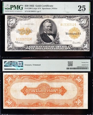 VERY NICE *RARE* Bold & Crisp VF+ 1922 $50 GOLD CERTIFICATE! PMG 25! B1306351 - Image 1 of 3