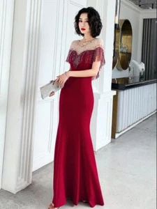 Mujeres Precioso Vestido de Noche Sirena Espalda Abierta Borla Cuentas Cóctel Baile de graduación YIN - Imagen 1 de 10