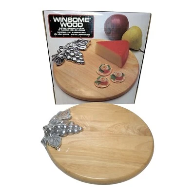 Charcuterie WINSOME WOOD 12” Round Cheese Board Pewter Grapes 1993 w/ box New - Image 1 of 4