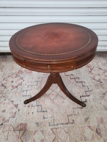 Vintage Leather Top Round Table With Metal Paw Foot Cover