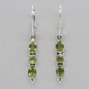 Triple Facetted Green PERIDOT Earrings - 925 STERLING SILVER Leverback #25e - Picture 1 of 9