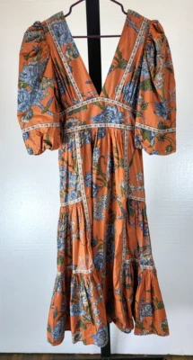 Love The Label Anthropologie Floral Wanda Orange Puff Sleeve Dress XS Midi - Image 1 of 4