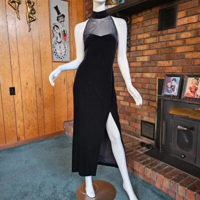 Vtg 90s Vampy Goth Stretch Velvet Formal Choker Dress High Slit Black Gown M/L - Image 1 of 4