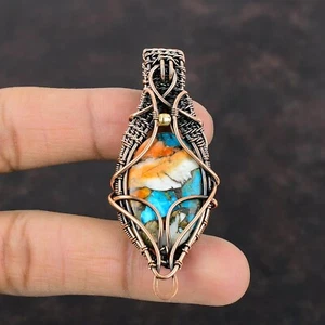 Gift For Her Spiny Oyster Turquoise Wire Wrapped Pendant Copper Jewelry 2.64" - Picture 1 of 6