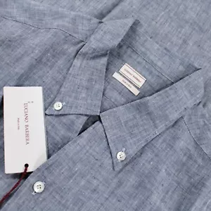 Luciano Barbera NWT Button Up Sport Shirt Size L Slim In Solid Blue Linen - Picture 1 of 9