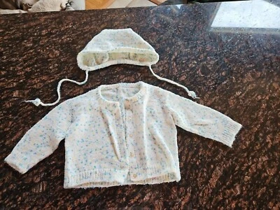 Vintage Handmade Knit Baby Sweater & Bonnet, General Neutral - Image 1 of 4