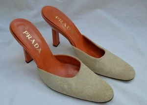PRADA AUTH $899 Women's Beige Vintage Slip On Sandals With Orange Heels Size 8.5 - Picture 1 of 10
