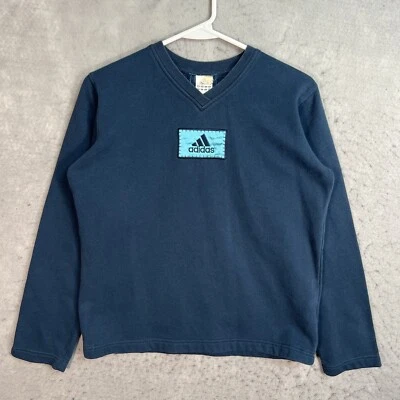 Vintage 90s Adidas Logo Sweater Youth Girls Large Blue V Neck Sweatshirt - Image 1 of 4