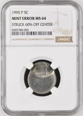 1995-P Jefferson Nickel 5 Cents Mint Error Struck 60% Off Center NGC MS64 - Image 1 of 2