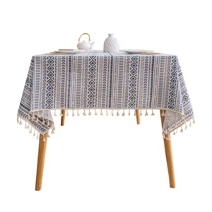 Printed Cotton Linen Tablecloth with Tassels – Boho Tribal Dining Cover - Picture 1 of 16