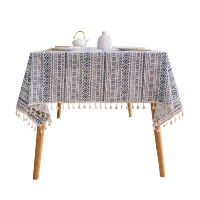 Printed Cotton Linen Tablecloth with Tassels – Boho Tribal Dining Cover - Image 1 of 4